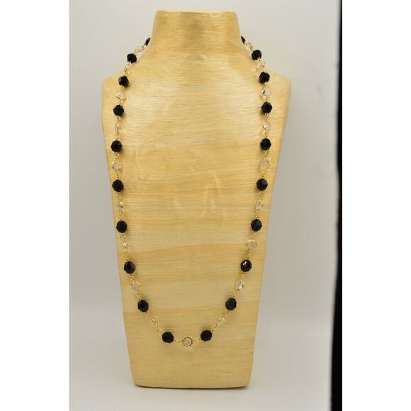 Austrian Crystal USA Vintage Necklace Open Bezel Clear Black Gold Signed 80s 9J - Picture 4 of 12